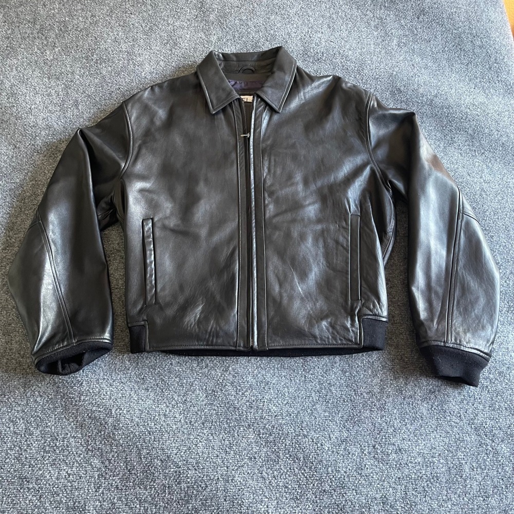 Pelle Studio Wilsons Leather Mens Black Bomber Jacket Size L Purple Lining Zip